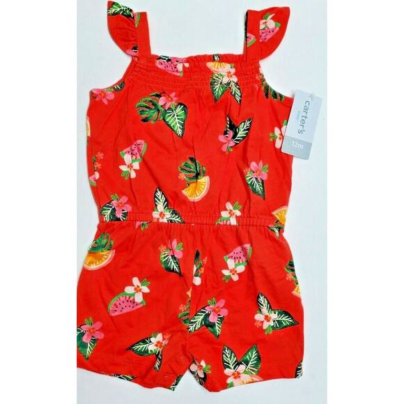 Carter's Red Fruit Flower Flutter Sleeves Romper Shorts Baby Girl 12 Months - Picture 2 of 5